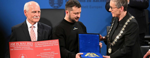 Volodymyr Zelenskyy receiving the Charlemagne Prize