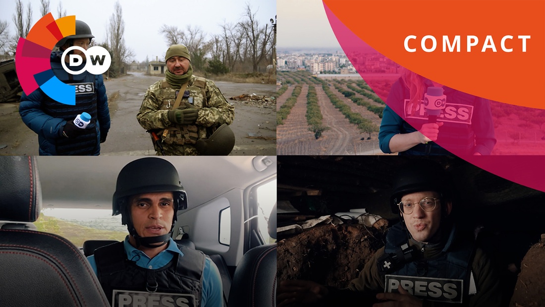 Four DW reporters in different war reporting situations on screen, wearing protective gear.