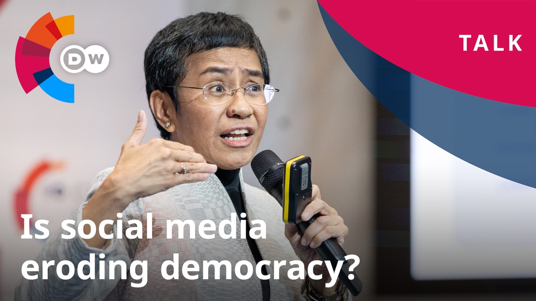 Maria Ressa while talking, caption: Is social media eroding democracy?