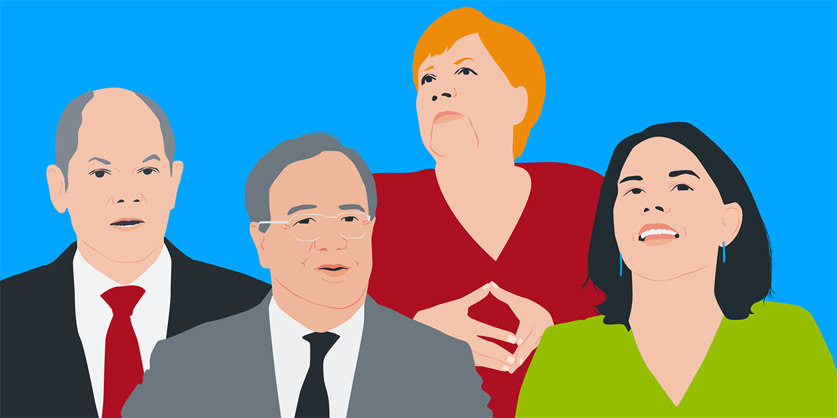 Angela Merkel, die Kanzlerkandidatin Baerbock und die beiden Kanzlerkandidaten Scholz und Laschet.